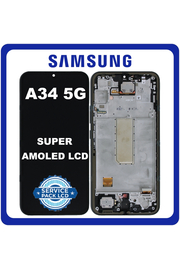 Γνήσια Original Samsung Galaxy A34 5G (SM-A346E, SM-A346B), Super AMOLED LCD Display Screen Assembly Οθόνη + Touch Screen Digitizer Μηχανισμός Αφής + Frame Bezel Πλαίσιο Σασί Graphite Μαύρο GH82-31200A/ GH82-31201A (Service Pack By Samsung)