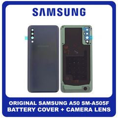 Γνήσια Original Samsung Galaxy A50 (SM-A505F, SM-A505FN) Rear Back Battery Cover Πίσω Κάλυμμα Καπάκι Πλάτη Μπαταρίας + Camera Lens Τζαμάκι Κάμερας Black Μαύρο GH82-19229A (Service Pack By Samsung)