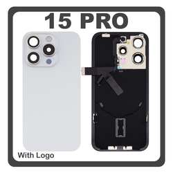 HQ OEM &Sigma;&upsilon;&mu;&beta;&alpha;&tau;ό &Mu;&epsilon; Apple iPhone 15 Pro, iPhone 15Pro (A2848, A3101) Rear Back Battery Cover &Pi;ί&sigma;&omega; &Kappa;ά&lambda;&upsilon;&mu;&mu;&alpha; &Kappa;&alpha;&pi;ά&kappa;&iota; &Pi;&lambda;ά&tau;&eta; &Mu;&pi;&alpha;&tau;&alpha;&rho;ί&alpha;&sigmaf; + Metal Plate + Camera Lens &Tau;&zeta;&alpha;&mu;ά&kappa;&iota; &Kappa;ά&mu;&epsilon;&rho;&alpha;&sigmaf; + Magsafe + NFC White Titanium Ά&sigma;&pi;&rho;&omicron; (Premium A+)