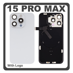 HQ OEM &Sigma;&upsilon;&mu;&beta;&alpha;&tau;ό &Mu;&epsilon; Apple iPhone 15 Pro Max, iPhone 15 ProMax (A2849, A3105) Rear Back Battery Cover &Pi;ί&sigma;&omega; &Kappa;ά&lambda;&upsilon;&mu;&mu;&alpha; &Kappa;&alpha;&pi;ά&kappa;&iota; &Pi;&lambda;ά&tau;&eta; &Mu;&pi;&alpha;&tau;&alpha;&rho;ί&alpha;&sigmaf; + Metal Plate + Camera Lens &Tau;&zeta;&alpha;&mu;ά&kappa;&iota; &Kappa;ά&mu;&epsilon;&rho;&alpha;&sigmaf; + Magsafe + NFC White Titanium Ά&sigma;&pi;&rho;&omicron; (Premium A+)