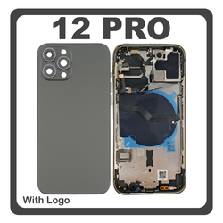 HQ OEM &Sigma;&upsilon;&mu;&beta;&alpha;&tau;ό &Mu;&epsilon; Apple iPhone 12 Pro, (A2407, A2341) Rear Back Battery Cover Middle Frame- Housing &Pi;ί&sigma;&omega; &Kappa;ά&lambda;&upsilon;&mu;&mu;&alpha; &Kappa;&alpha;&pi;ά&kappa;&iota; &Pi;&lambda;ά&tau;&eta; &Mu;&pi;&alpha;&tau;&alpha;&rho;ί&alpha;&sigmaf; + Power Button + Volume Button Flex Cable + Sim Card Tray + Flashlight Flex + NFC Black &Mu;&alpha;ύ&rho;&omicron; (Premium A+)