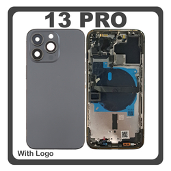 HQ OEM &Sigma;&upsilon;&mu;&beta;&alpha;&tau;ό &Mu;&epsilon; Apple iPhone 13 Pro (A2638, A2483) Rear Back Battery Cover Middle Frame- Housing &Pi;ί&sigma;&omega; &Kappa;ά&lambda;&upsilon;&mu;&mu;&alpha; &Kappa;&alpha;&pi;ά&kappa;&iota; &Pi;&lambda;ά&tau;&eta; &Mu;&pi;&alpha;&tau;&alpha;&rho;ί&alpha;&sigmaf; + Power Button + Volume Button Flex Cable + Sim Card Tray + Flashlight Flex + NFC Black &Mu;&alpha;ύ&rho;&omicron; (Premium A+)
