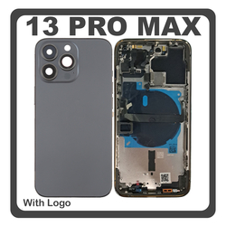HQ OEM &Sigma;&upsilon;&mu;&beta;&alpha;&tau;ό &Mu;&epsilon; Apple iPhone 13 Pro Max (A2643, A2484) Rear Back Battery Cover Middle Frame- Housing &Pi;ί&sigma;&omega; &Kappa;ά&lambda;&upsilon;&mu;&mu;&alpha; &Kappa;&alpha;&pi;ά&kappa;&iota; &Pi;&lambda;ά&tau;&eta; &Mu;&pi;&alpha;&tau;&alpha;&rho;ί&alpha;&sigmaf; + Power Button + Volume Button Flex Cable + Sim Card Tray + Flashlight Flex + NFC Black &Mu;&alpha;ύ&rho;&omicron; (Premium A+)