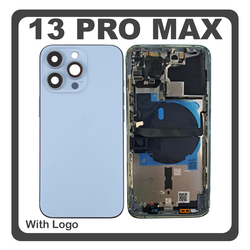 HQ OEM &Sigma;&upsilon;&mu;&beta;&alpha;&tau;ό &Mu;&epsilon; Apple iPhone 13 Pro Max (A2643, A2484) Rear Back Battery Cover Middle Frame- Housing &Pi;ί&sigma;&omega; &Kappa;ά&lambda;&upsilon;&mu;&mu;&alpha; &Kappa;&alpha;&pi;ά&kappa;&iota; &Pi;&lambda;ά&tau;&eta; &Mu;&pi;&alpha;&tau;&alpha;&rho;ί&alpha;&sigmaf; + Power Button + Volume Button Flex Cable + Sim Card Tray + Flashlight Flex + NFC Blue &Mu;&pi;&lambda;&epsilon; (Premium A+)