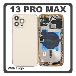 HQ OEM &Sigma;&upsilon;&mu;&beta;&alpha;&tau;ό &Mu;&epsilon; Apple iPhone 13 Pro Max (A2643, A2484) Rear Back Battery Cover Middle Frame- Housing &Pi;ί&sigma;&omega; &Kappa;ά&lambda;&upsilon;&mu;&mu;&alpha; &Kappa;&alpha;&pi;ά&kappa;&iota; &Pi;&lambda;ά&tau;&eta; &Mu;&pi;&alpha;&tau;&alpha;&rho;ί&alpha;&sigmaf; + Power Button + Volume Button Flex Cable + Sim Card Tray + Flashlight Flex + NFC Gold &Chi;&rho;&upsilon;&sigma;ό (Premium A+)