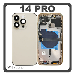HQ OEM &Sigma;&upsilon;&mu;&beta;&alpha;&tau;ό &Mu;&epsilon; Apple iPhone 14 Pro (A2890, A2650) Rear Back Battery Cover Middle Frame- Housing &Pi;ί&sigma;&omega; &Kappa;ά&lambda;&upsilon;&mu;&mu;&alpha; &Kappa;&alpha;&pi;ά&kappa;&iota; &Pi;&lambda;ά&tau;&eta; &Mu;&pi;&alpha;&tau;&alpha;&rho;ί&alpha;&sigmaf; + Power Button + Volume Button Flex Cable + Sim Card Tray + Flashlight Flex + NFC Gold &Chi;&rho;&upsilon;&sigma;ό (Premium A+)