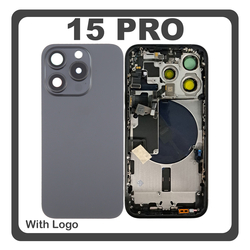 HQ OEM &Sigma;&upsilon;&mu;&beta;&alpha;&tau;ό &Mu;&epsilon; Apple iPhone 15 Pro, iPhone 15Pro (A2848, A3101) Rear Back Battery Cover Middle Frame- Housing &Pi;ί&sigma;&omega; &Kappa;ά&lambda;&upsilon;&mu;&mu;&alpha; &Kappa;&alpha;&pi;ά&kappa;&iota; &Pi;&lambda;ά&tau;&eta; &Mu;&pi;&alpha;&tau;&alpha;&rho;ί&alpha;&sigmaf; + Power Button + Volume Button Flex Cable + Sim Card Tray + Flashlight Flex + NFC Black Titanium &Mu;&alpha;ύ&rho;&omicron; (Premium A+)