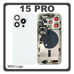 HQ OEM &Sigma;&upsilon;&mu;&beta;&alpha;&tau;ό &Mu;&epsilon; Apple iPhone 15 Pro, iPhone 15Pro (A2848, A3101) Rear Back Battery Cover Middle Frame- Housing &Pi;ί&sigma;&omega; &Kappa;ά&lambda;&upsilon;&mu;&mu;&alpha; &Kappa;&alpha;&pi;ά&kappa;&iota; &Pi;&lambda;ά&tau;&eta; &Mu;&pi;&alpha;&tau;&alpha;&rho;ί&alpha;&sigmaf; + Power Button + Volume Button Flex Cable + Sim Card Tray + Flashlight Flex + NFC White Titanium Ά&sigma;&pi;&rho;&omicron; (Premium A+)