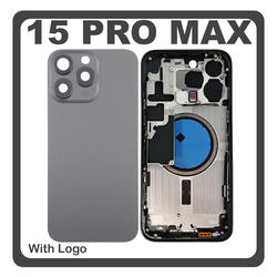 HQ OEM &Sigma;&upsilon;&mu;&beta;&alpha;&tau;ό &Mu;&epsilon; Apple iPhone 15 Pro Max, iPhone 15 ProMax (A2849, A3105) Rear Back Battery Cover Middle Frame- Housing &Pi;ί&sigma;&omega; &Kappa;ά&lambda;&upsilon;&mu;&mu;&alpha; &Kappa;&alpha;&pi;ά&kappa;&iota; &Pi;&lambda;ά&tau;&eta; &Mu;&pi;&alpha;&tau;&alpha;&rho;ί&alpha;&sigmaf; + Camera Lens &Tau;&zeta;&alpha;&mu;ά&kappa;&iota; &Kappa;ά&mu;&epsilon;&rho;&alpha;&sigmaf; + Sim Card Tray + Magsafe + NFC Black Titanium &Mu;&alpha;ύ&rho;&omicron; (Premium A+)