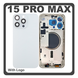 HQ OEM &Sigma;&upsilon;&mu;&beta;&alpha;&tau;ό &Mu;&epsilon; Apple iPhone 15 Pro Max, iPhone 15 ProMax (A2849, A3105) Rear Back Battery Cover Middle Frame- Housing &Pi;ί&sigma;&omega; &Kappa;ά&lambda;&upsilon;&mu;&mu;&alpha; &Kappa;&alpha;&pi;ά&kappa;&iota; &Pi;&lambda;ά&tau;&eta; &Mu;&pi;&alpha;&tau;&alpha;&rho;ί&alpha;&sigmaf; + Camera Lens &Tau;&zeta;&alpha;&mu;ά&kappa;&iota; &Kappa;ά&mu;&epsilon;&rho;&alpha;&sigmaf; + Sim Card Tray + Magsafe + NFC White Titanium Ά&sigma;&pi;&rho;&omicron; (Premium A+)