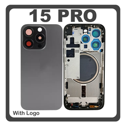 HQ OEM &Sigma;&upsilon;&mu;&beta;&alpha;&tau;ό &Mu;&epsilon; Apple iPhone 15 Pro, iPhone 15Pro (A2848, A3101) Rear Back Battery Cover Middle Frame- Housing &Pi;ί&sigma;&omega; &Kappa;ά&lambda;&upsilon;&mu;&mu;&alpha; &Kappa;&alpha;&pi;ά&kappa;&iota; &Pi;&lambda;ά&tau;&eta; &Mu;&pi;&alpha;&tau;&alpha;&rho;ί&alpha;&sigmaf; + Camera Lens &Tau;&zeta;&alpha;&mu;ά&kappa;&iota; &Kappa;ά&mu;&epsilon;&rho;&alpha;&sigmaf; + Sim Card Tray + Magsafe Black Titanium &Mu;&alpha;ύ&rho;&omicron; (Premium A+)