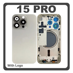 HQ OEM &Sigma;&upsilon;&mu;&beta;&alpha;&tau;ό &Mu;&epsilon; Apple iPhone 15 Pro, iPhone 15Pro (A2848, A3101) Rear Back Battery Cover Middle Frame- Housing &Pi;ί&sigma;&omega; &Kappa;ά&lambda;&upsilon;&mu;&mu;&alpha; &Kappa;&alpha;&pi;ά&kappa;&iota; &Pi;&lambda;ά&tau;&eta; &Mu;&pi;&alpha;&tau;&alpha;&rho;ί&alpha;&sigmaf; + Camera Lens &Tau;&zeta;&alpha;&mu;ά&kappa;&iota; &Kappa;ά&mu;&epsilon;&rho;&alpha;&sigmaf; + Sim Card Tray + Magsafe Natural Titanium &Gamma;&kappa;&rho;&iota; (Premium A+)