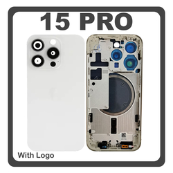 HQ OEM &Sigma;&upsilon;&mu;&beta;&alpha;&tau;ό &Mu;&epsilon; Apple iPhone 15 Pro, iPhone 15Pro (A2848, A3101) Rear Back Battery Cover Middle Frame- Housing &Pi;ί&sigma;&omega; &Kappa;ά&lambda;&upsilon;&mu;&mu;&alpha; &Kappa;&alpha;&pi;ά&kappa;&iota; &Pi;&lambda;ά&tau;&eta; &Mu;&pi;&alpha;&tau;&alpha;&rho;ί&alpha;&sigmaf; + Camera Lens &Tau;&zeta;&alpha;&mu;ά&kappa;&iota; &Kappa;ά&mu;&epsilon;&rho;&alpha;&sigmaf; + Sim Card Tray + Magsafe White Titanium Ά&sigma;&pi;&rho;&omicron; (Premium A+)