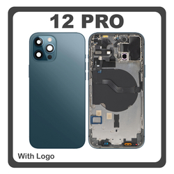 HQ OEM &Sigma;&upsilon;&mu;&beta;&alpha;&tau;ό &Mu;&epsilon; Apple iPhone 12 Pro, (A2407, A2341) Rear Back Battery Cover Middle Frame- Housing &Pi;ί&sigma;&omega; &Kappa;ά&lambda;&upsilon;&mu;&mu;&alpha; &Kappa;&alpha;&pi;ά&kappa;&iota; &Pi;&lambda;ά&tau;&eta; &Mu;&pi;&alpha;&tau;&alpha;&rho;ί&alpha;&sigmaf; + Power Button + Volume Button Flex Cable + Sim Card Tray + Flashlight Flex + NFC Blue &Mu;&pi;&lambda;&epsilon; (Premium A+)