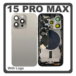 HQ OEM &Sigma;&upsilon;&mu;&beta;&alpha;&tau;ό &Mu;&epsilon; Apple iPhone 15 Pro Max, iPhone 15 ProMax (A2849, A3105) Rear Back Battery Cover Middle Frame- Housing &Pi;ί&sigma;&omega; &Kappa;ά&lambda;&upsilon;&mu;&mu;&alpha; &Kappa;&alpha;&pi;ά&kappa;&iota; &Pi;&lambda;ά&tau;&eta; &Mu;&pi;&alpha;&tau;&alpha;&rho;ί&alpha;&sigmaf; + Power Button + Volume Button Flex Cable + Sim Card Tray + Flashlight Flex + NFC Natural​ Titanium &Gamma;&kappa;&rho;&iota; (Premium A+)