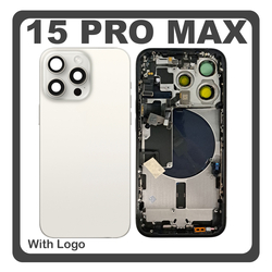 HQ OEM &Sigma;&upsilon;&mu;&beta;&alpha;&tau;ό &Mu;&epsilon; Apple iPhone 15 Pro Max, iPhone 15 ProMax (A2849, A3105) Rear Back Battery Cover Middle Frame- Housing &Pi;ί&sigma;&omega; &Kappa;ά&lambda;&upsilon;&mu;&mu;&alpha; &Kappa;&alpha;&pi;ά&kappa;&iota; &Pi;&lambda;ά&tau;&eta; &Mu;&pi;&alpha;&tau;&alpha;&rho;ί&alpha;&sigmaf; + Power Button + Volume Button Flex Cable + Sim Card Tray + Flashlight Flex + NFC White Titanium Ά&sigma;&pi;&rho;&omicron; (Premium A+)