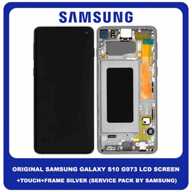 Γνήσια Original Samsung Galaxy S10 G973 (G973F, G973U, G973W, G973U1, G9730, G973N, G973X, SCV41) AMOLED LCD Display Assembly Screen Οθόνη + Touch Screen DIgitizer Μηχανισμός Αφής + Frame Πλαίσιο Prism Silver Ασημί GH82-18850G (Service Pack By Samsung)