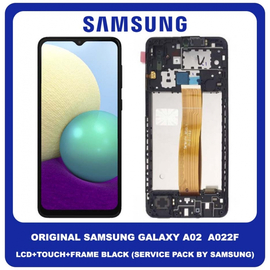 Original Γνήσιο Samsung Galaxy A02 A022F (A022F, A022F/DS, A022M, A022M/DS, A022G, A022G/DS) PLS IPS LCD Display Screen Assembly Οθόνη + Touch Screen Digitizer Μηχανισμός Αφής + Frame Bezel Πλαίσιο Σασί Black Μαύρο GH82-25249A GH82-25250A (Service Pack By Samsung)