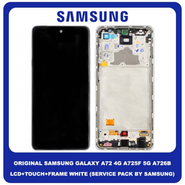 Original Γνήσιο Samsung Galaxy A72 4G A725 (A725F, A725F/DS, A725M, A725M/DS) , A72 5G A726 (A726B, A726B/DS) Super AMOLED LCD Display Screen Assembly Οθόνη + Touch Screen Digitizer Μηχανισμός Αφής + Frame Bezel Πλαίσιο Σασί White GH81-25460D (Service Pack By Samsung)