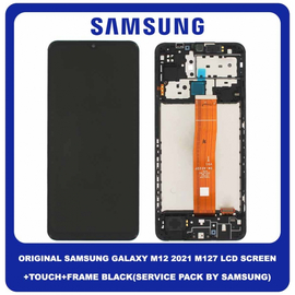 Original Γνήσιο Samsung Galaxy M12 2021 M127 (M127F/DSN) PLS IPS LCD Display Screen Assembly Οθόνη + Touch Screen Digitizer Μηχανισμός Αφής + Frame Bezel Πλαίσιο Σασί Black GH82-25042A GH82-25043A (Service Pack By Samsung)