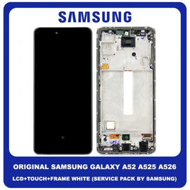 Original Γνήσιο Samsung Galaxy A52 A525 A526 (A525F, A525F/DS, A526B, A526B/DS) AMOLED LCD Display Screen Assembly Οθόνη + Touch Digitizer Μηχανισμός Αφής + Frame Bezel Πλαίσιο White Άσπρο GH82-25524D GH82-25526D GH82-25754D (Service Pack By Samsung)