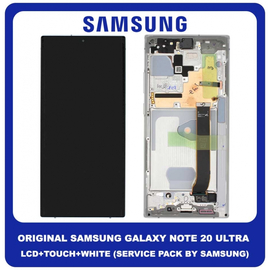 Original Γνήσιο Samsung Galaxy Note 20 Ultra 5G N985 N986 (N985F, N985F/DS, N986B, N986B/DS, N986U, N986U1, N986W, N9860, N986N) Dynamic AMOLED LCD Display Screen Assembly Οθόνη + Touch Digitizer Μηχανισμός Αφής + Frame Bezel Πλαίσιο Σασί Mystic White Άσπρο GH82-23596C (Service Pack By Samsung)