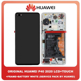 Original Γνήσια Huawei P40 2020 (ANA-AN00, ANA-TN00, ANA-NX9, ANA-LX4) OLED LCD Display Assembly Screen Οθόνη + Touch Digitizer Μηχανισμός Αφής + Πλαίσιο Σασί Frame Bezel + Battery Μπαταρία White Άσπρο 02353MFW (Service Pack By Huawei)