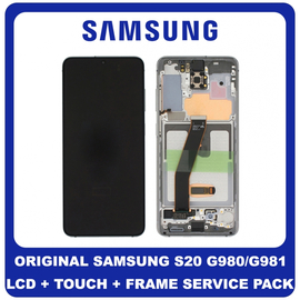 Γνήσια Original Samsung Galaxy S20 5G (SM-G981, SM-G981F), Samsung Galaxy S20 4G (SM-G980, SM-G980F) Dynamic AMOLED Οθόνη LCD Display Screen + Touch Screen DIgitizer Μηχανισμός Αφής + Frame Πλαίσιο GH82-22131B Cloud White (Service Pack)