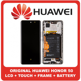 Γνήσια Original Huawei Honor 50 (NTH-AN00, NTH-NX9) AMOLED LCD Display Screen Assembly Οθόνη + Touch Screen Digitizer Μηχανισμός Αφής + Frame Bezel Πλαίσιο Σασί + Battery Μπαταρία Midnight Black Μαύρο 02354GLV (Service Pack By Huawei)
