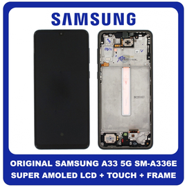 Γνήσια Original Samsung Galaxy A33 5G, GalaxyA33 5G (SM-A336E, SM-A336B) Super AMOLED LCD Display Screen Assembly Οθόνη + Touch Screen Digitizer Μηχανισμός Αφής + Frame Bezel Πλαίσιο Σασί Black Μαύρο GH82-28143A GH82-28144A (Service Pack By Samsung)