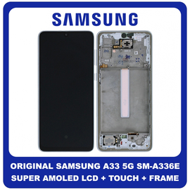 Γνήσια Original Samsung Galaxy A33 5G, GalaxyA33 5G (SM-A336E, SM-A336B) Super AMOLED LCD Display Screen Assembly Οθόνη + Touch Screen Digitizer Μηχανισμός Αφής + Frame Bezel Πλαίσιο Σασί White Άσπρο GH82-28143B GH82-28144B (Service Pack By Samsung)