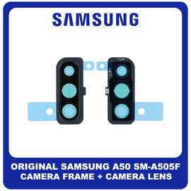 Γνήσια Original Samsung Galaxy A50, Galaxy A 50 (SM-A505F, SM-A505FN) Rear Back Camera Frame Πίσω Πλαίσιο Κάμερας + Lens Τζαμάκι Κάμερας Black Μαύρο GH98-44064A (Service Pack By Samsung)