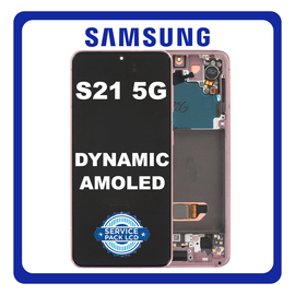 Γνήσια Original Samsung Galaxy S21 5G 2021 (SM-G991B) Dynamic AMOLED LCD Display Screen Assembly Οθόνη + Touch Screen Digitizer Μηχανισμός Αφής + Frame Bezel Πλαίσιο Σασί No Camera Phantom Pink Ροζ GH82-27256D GH82-27255D (Service Pack By Samsung)
