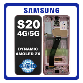 Γνήσια Original Samsung Galaxy S20 4G (SM-G980), S20 5G (SM-G981) Dynamic AMOLED 2X LCD Display Assembly Screen Οθόνη + Touch Screen Digitizer Μηχανισμός Αφής + Frame Bezel Πλαίσιο Pink Ροζ GH82-31432C/GH82-31433C No Camera (Service Pack By Samsung)