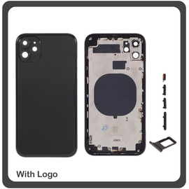 HQ OEM Apple Iphone 11, Iphone11 (A2221, A2111, A2223) BACK BATTERY COVER MIDDLE FRAME- HOUSING ΚΑΠΑΚΙ ΜΠΑΤΑΡΙΑΣ- ΣΑΣΙ + ΠΛΑΙΝΑ ΠΛΗΚΤΡΑ SIDE KEYS + ΘΗΚΗ ΚΑΡΤΑΣ SIM HOLDER BLACK (Grade AAA+++)