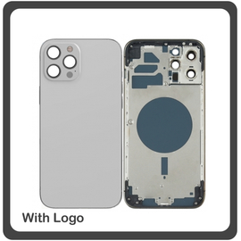 HQ OEM Συμβατό Για Apple iPhone 12 Pro Max, iPhone 12 ProMax (A2411, A2342) EU Version Rear Back Battery Cover Middle Frame- Housing Πίσω Κάλυμμα Καπάκι Πλάτη Μπαταρίας - Σασί + Side Keys Πλαινά πλήκτρα  + Sim Tray Θήκη Κάρτας Silver Ασημί (Grade AAA+++)