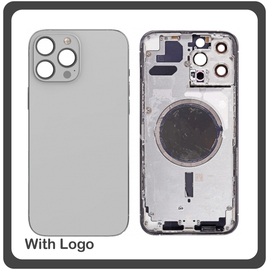 HQ OEM Συμβατό Για Apple iPhone 13 Pro Max, iPhone 13 ProMax (A2643, A2484) EU Version Rear Back Battery Cover Middle Frame- Housing Πίσω Κάλυμμα Καπάκι Πλάτη Μπαταρίας - Σασί + Side Keys Πλαϊνά πλήκτρα  + Sim Tray Θήκη Κάρτας Silver Ασημί (Grade AAA+++)