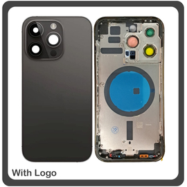HQ OEM Συμβατό Με Apple iPhone 14 Pro (A2890), Rear Back Battery Cover Middle Frame- Housing Πίσω Κάλυμμα Καπάκι Πλάτη Μπαταρίας - Σασί + Camera Lens Τζαμάκι Κάμερας + Side Keys Πλαινά πλήκτρα  + Sim Tray Θήκη Κάρτας  Space Black Μαύρο (Grade AAA)