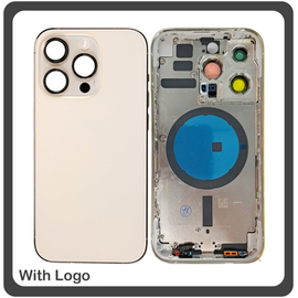 HQ OEM Συμβατό Με Apple iPhone 14 Pro (A2890), Rear Back Battery Cover Middle Frame- Housing Πίσω Κάλυμμα Καπάκι Πλάτη Μπαταρίας - Σασί + Camera Lens Τζαμάκι Κάμερας + Side Keys Πλαινά πλήκτρα  + Sim Tray Θήκη Κάρτας Gold Χρυσό (Premium A+)