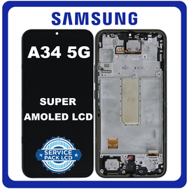Γνήσια Original Samsung Galaxy A34 5G (SM-A346E, SM-A346B), Super AMOLED LCD Display Screen Assembly Οθόνη + Touch Screen Digitizer Μηχανισμός Αφής + Frame Bezel Πλαίσιο Σασί Graphite Μαύρο GH82-31200A/ GH82-31201A (Service Pack By Samsung)