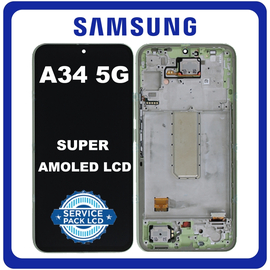 Γνήσια Original Samsung Galaxy A34 5G (SM-A346E, SM-A346B), Super AMOLED LCD Display Screen Assembly Οθόνη + Touch Screen Digitizer Μηχανισμός Αφής + Frame Bezel Πλαίσιο Σασί Lime GH82-31201C GH82-31200C (Service Pack By Samsung)