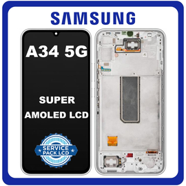 Γνήσια Original Samsung Galaxy A34 5G (SM-A346E, SM-A346B), Super AMOLED LCD Display Screen Assembly Οθόνη + Touch Screen Digitizer Μηχανισμός Αφής + Frame Bezel Πλαίσιο Σασί Silver Ασημί GH82-31201B GH82-31200B (Service Pack By Samsung)