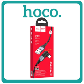 Hoco U100 Angle (90°) / Braided Micro USB Cable 2.4A 1.2m Black Μαύρο