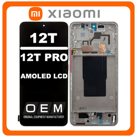 HQ OEM Συμβατό Με Xiaomi 12T 5G (22071212AG), 12T Pro 5G (22081212UG, 22081212G) AMOLED LCD Display Screen Assembly Οθόνη + Touch Screen Digitizer Μηχανισμός Αφής + Frame Bezel Πλαίσιο ΣασίSilver Ασημί (Premium A+)