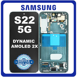 Γνήσια Original Samsung Galaxy S22 5G (SM-S901B, SM-S901B/DS) Dynamic AMOLED 2X LCD Display Screen Assembly Οθόνη + Touch Screen Digitizer Μηχανισμός Αφής + Frame Bezel Πλαίσιο Σασί Green Πράσινο GH82-27521C GH82-27520C (Service Pack By Samsung)