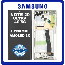 Γνήσια Original Samsung Galaxy Note20 Ultra 4G/5G, Dynamic AMOLED 2X LCD Display Screen Assembly Οθόνη + Touch Screen Digitizer Μηχανισμός Αφής + Frame Bezel Πλαίσιο Σασί White Ασπρο No Camera GH82-31458C (Servive Pack By Samsung)