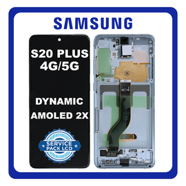 Γνήσια Original Samsung Galaxy S20 Plus 4G (SM-G985, SM-G985F), S20 Plus 5G (SM-G986, SM-G986F), Dynamic AMOLED 2X  LCD Display Screen Assembly Οθόνη + Touch Screen Digitizer Μηχανισμός Αφής + Frame Bezel Πλαίσιο Σασί Cloud Blue GH82-31441D/31442D/31445D No Camera (Service Pack By Samsung)