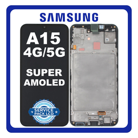 Γνήσια Original Samsung Galaxy A15 4G (SM-A155F, SM-A155F/DSN) / A15 5G (SM-A156B, SM-A156B/DS) Super AMOLED LCD Display Screen Assembly Οθόνη + Touch Screen Digitizer Μηχανισμός Αφής + Frame Bezel Brave Black Μαύρο GH82-33637A (Service Pack By Samsung)