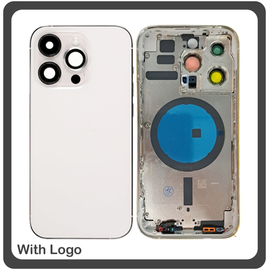 iPhone 14 Pro (A2890, A2650), Rear Back Battery Cover Middle Frame- Housing Πίσω Κάλυμμα Καπάκι Πλάτη Μπαταρίας - Σασί + Camera Lens Τζαμάκι Κάμερας + Side Keys Πλαινά πλήκτρα  + Sim Tray Θήκη Κάρτας White Άσπρο (Ref By Apple)