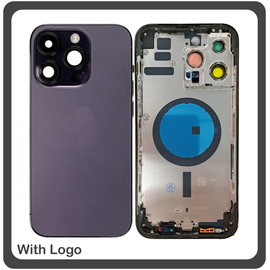 iPhone 14 Pro Max (A2894, A2651), Rear Back Battery Cover Middle Frame- Housing Πίσω Κάλυμμα Καπάκι Πλάτη Μπαταρίας - Σασί + Camera Lens Τζαμάκι Κάμερας + Side Keys Πλαινά πλήκτρα  + Sim Tray Θήκη Κάρτας Deep Purple Μωβ (Ref By Apple)